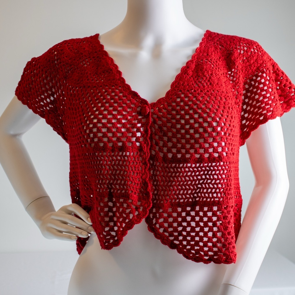 Talbots Hand Knit Red Crochet Button Closure Women’s Short Sleeve Top Size Large - Picture 4 of 11
